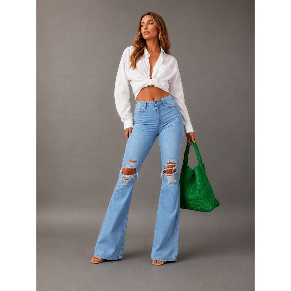 Commense Distressed Light Wash Flare Jeans Ripped Bell Bottom Denim L 8/10